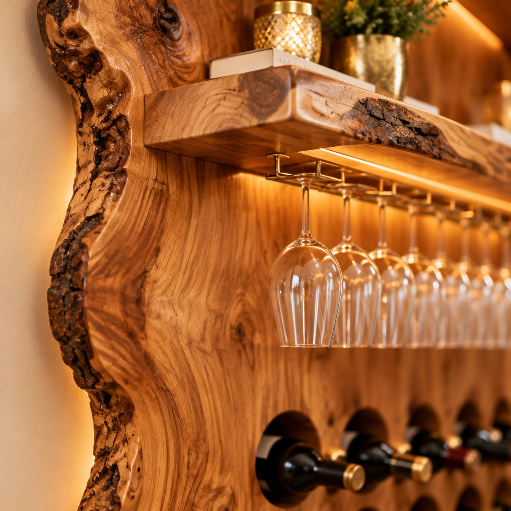 Riverbend Live-Edge Wine Bar Wall wood grain close-up