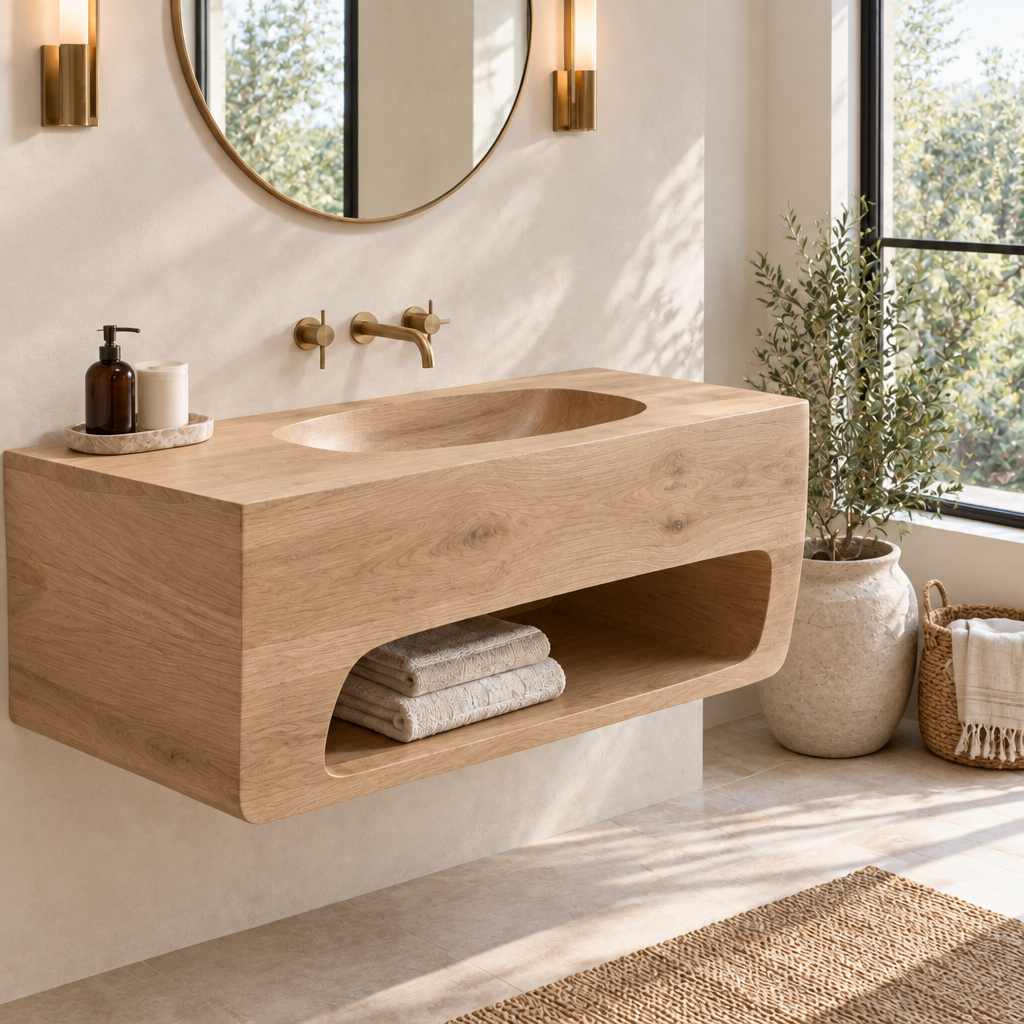 Atelier Carved-Basin Floating Vanity in Natural Oak finish