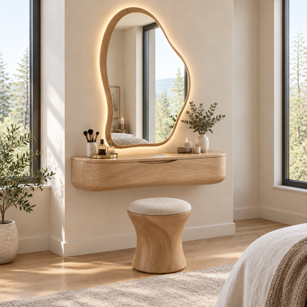 Atelier Floating Makeup Vanity with LED Mirror in Natural Oak finish