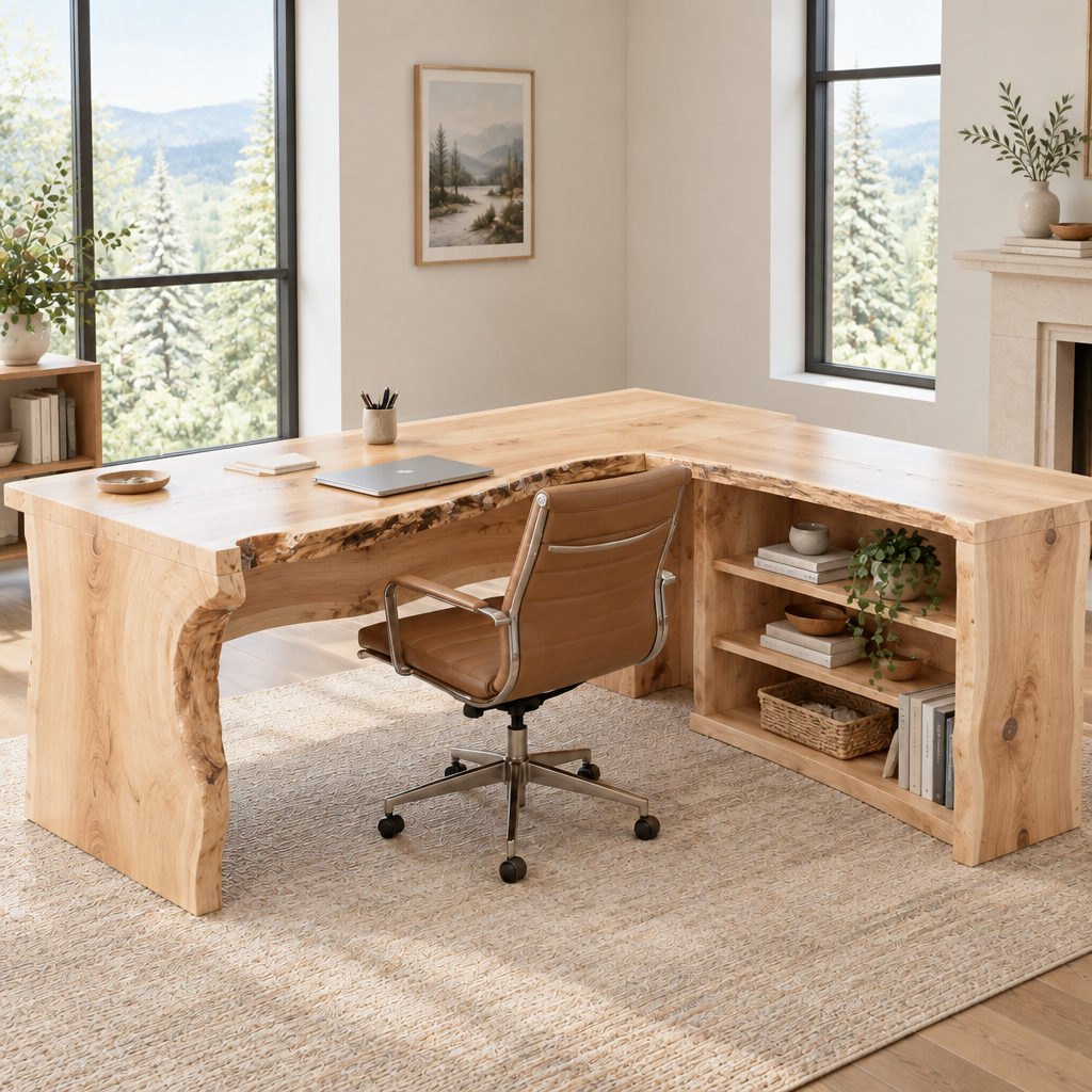 Riverbend Live-Edge L-Desk with Shelves in Light Natural finish