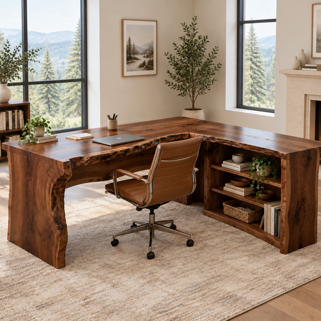 Riverbend Live-Edge L-Desk with Shelves in Dark Walnut Stain finish