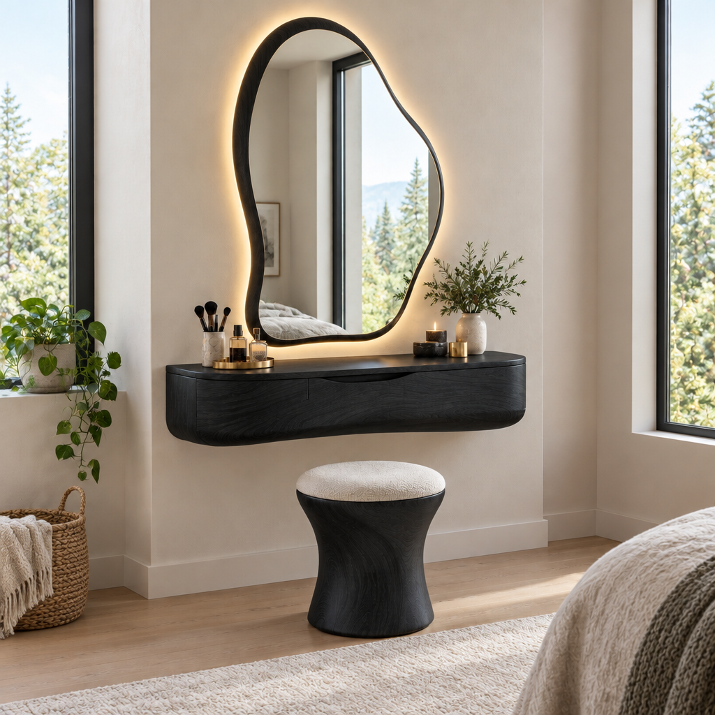 Atelier Floating Makeup Vanity with LED Mirror in Ebonized Black finish