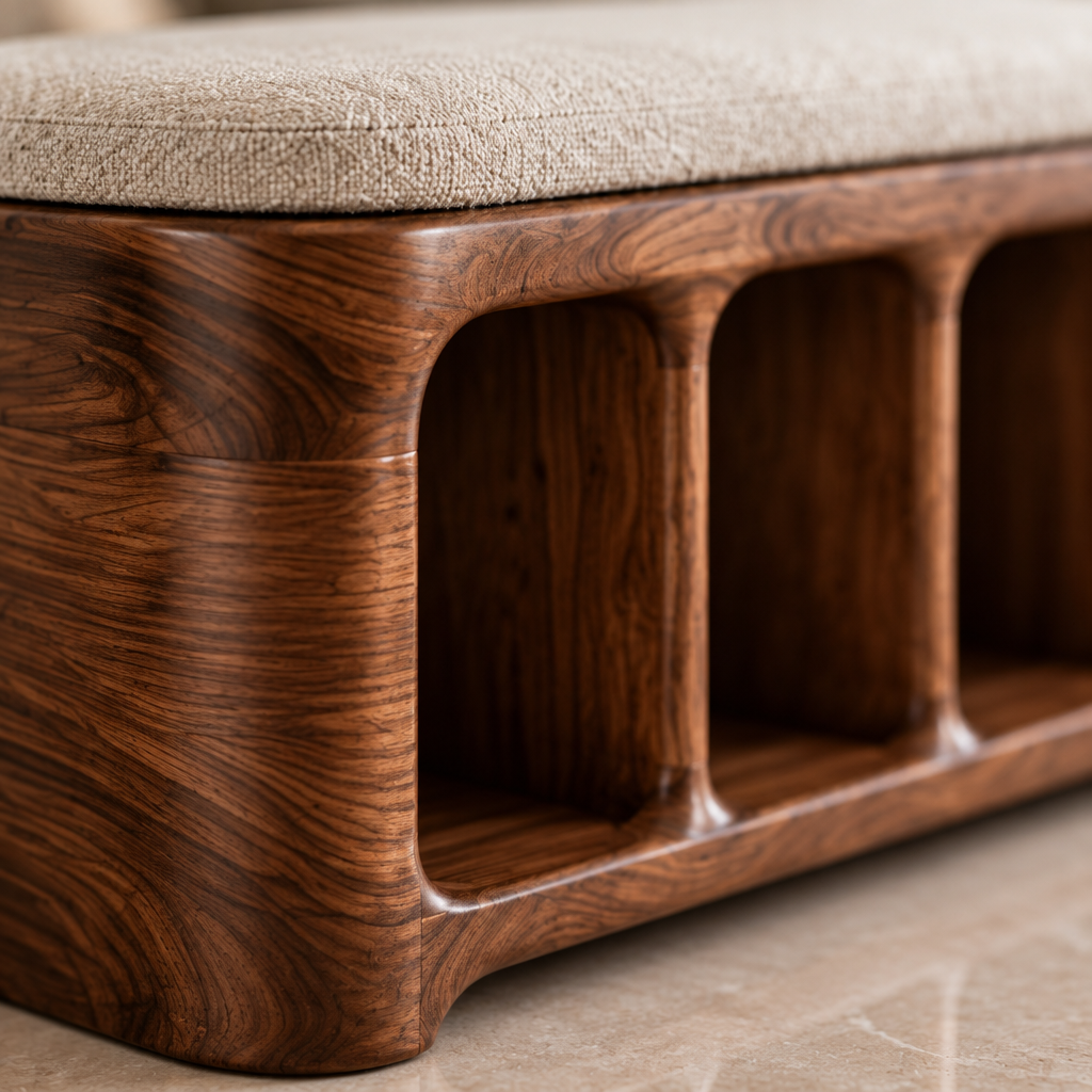 Atelier Sculpted Shoe Storage Bench wood grain close-up