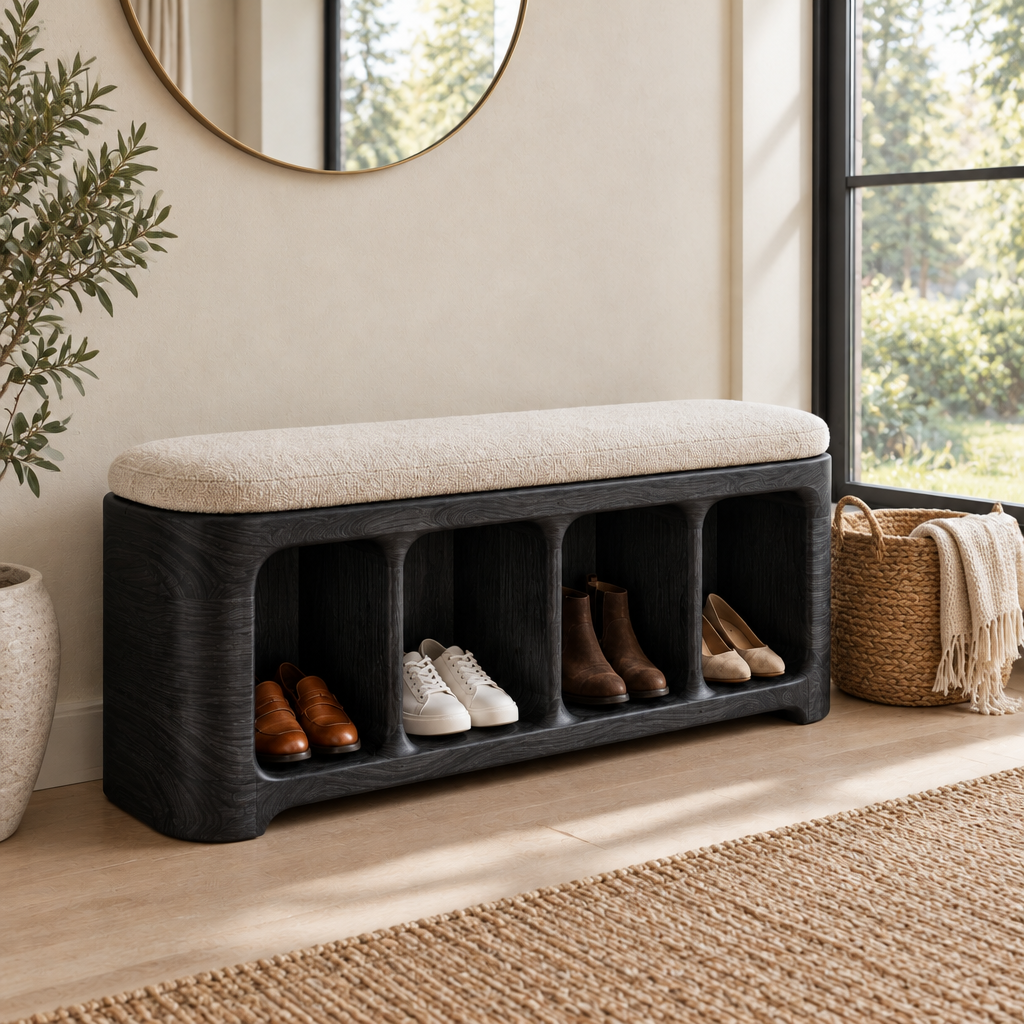 Atelier Sculpted Shoe Storage Bench in Ebonized Black finish