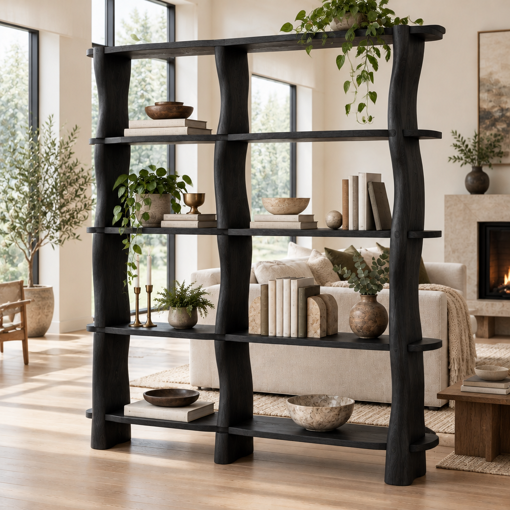 Atelier Wave Room-Divider Bookshelf in Ebonized Black finish