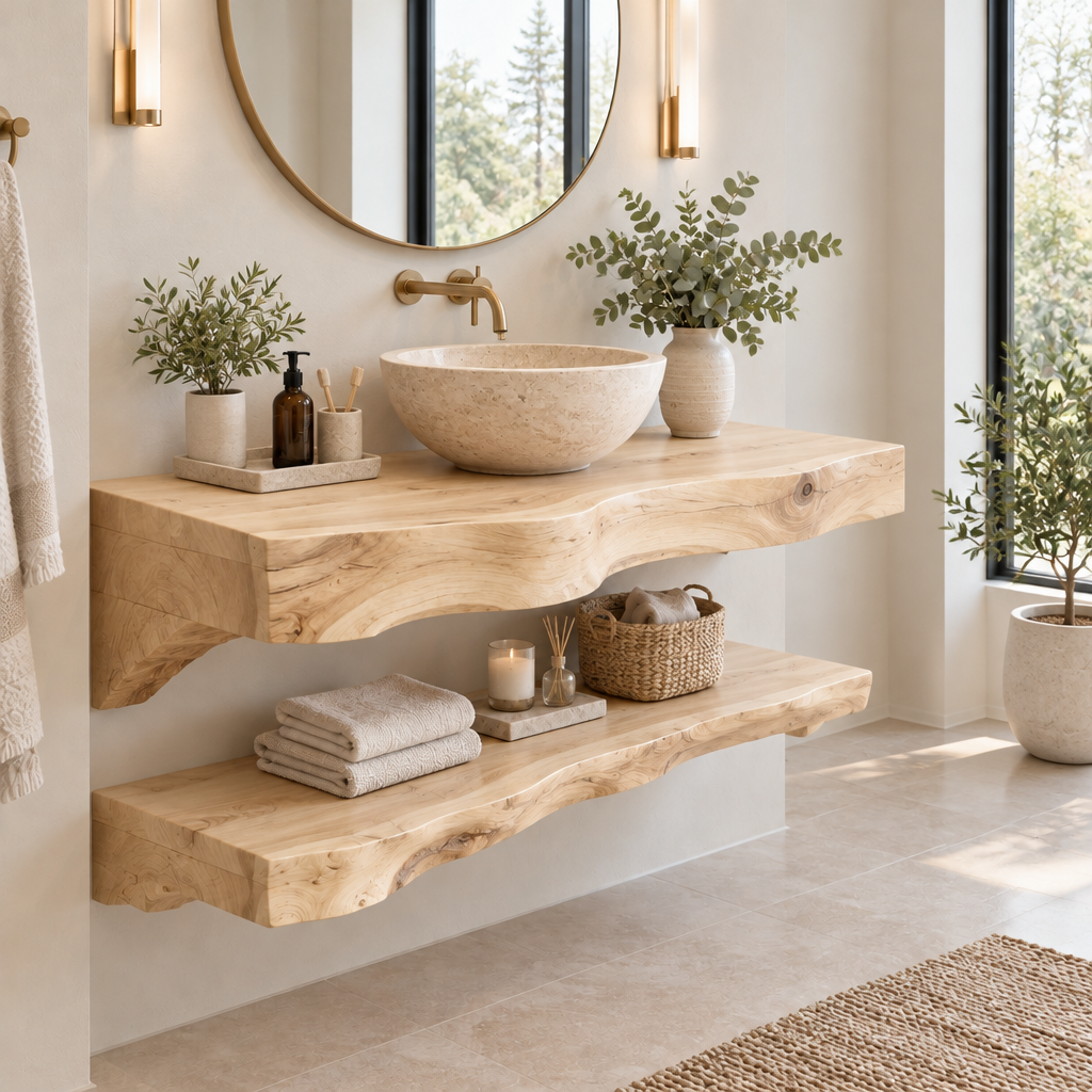 Riverbend Live-Edge Vanity with Stone Vessel in Light Natural finish