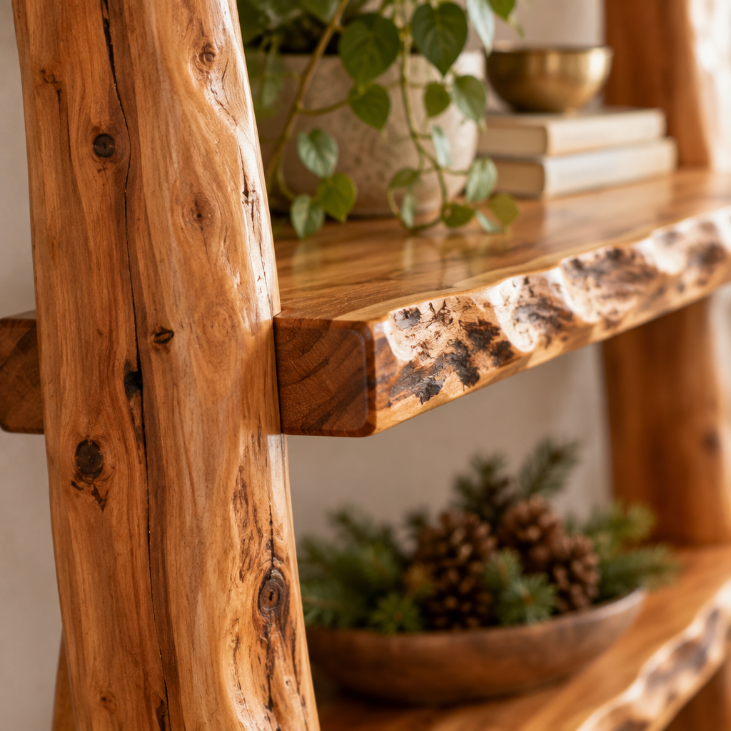 Riverbend Live-Edge Ladder Bookshelf wood grain close-up