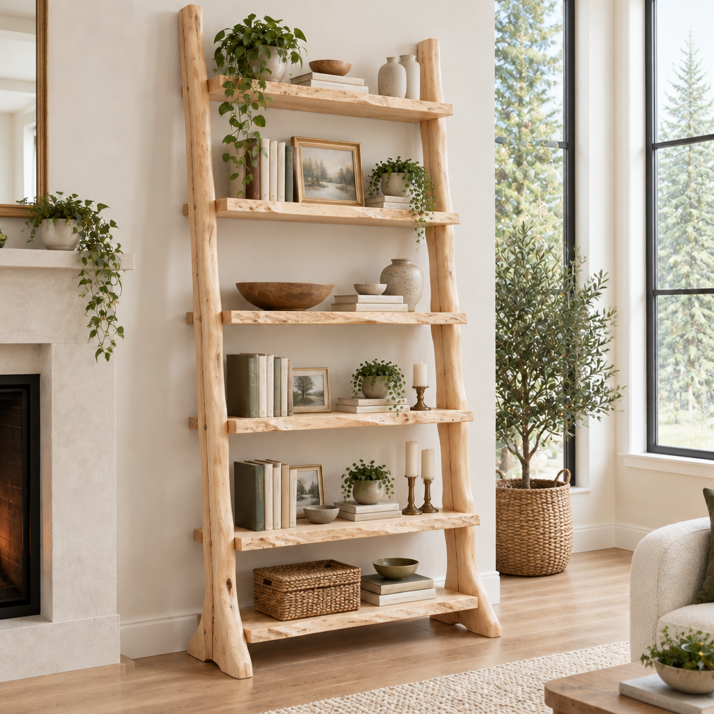 Riverbend Live-Edge Ladder Bookshelf in Light Natural finish