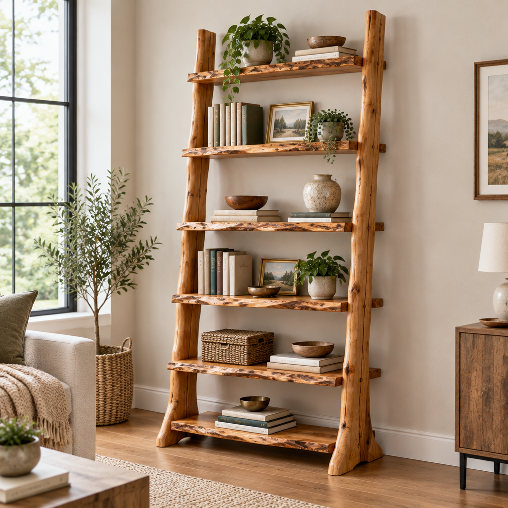 Riverbend Live-Edge Ladder Bookshelf side view