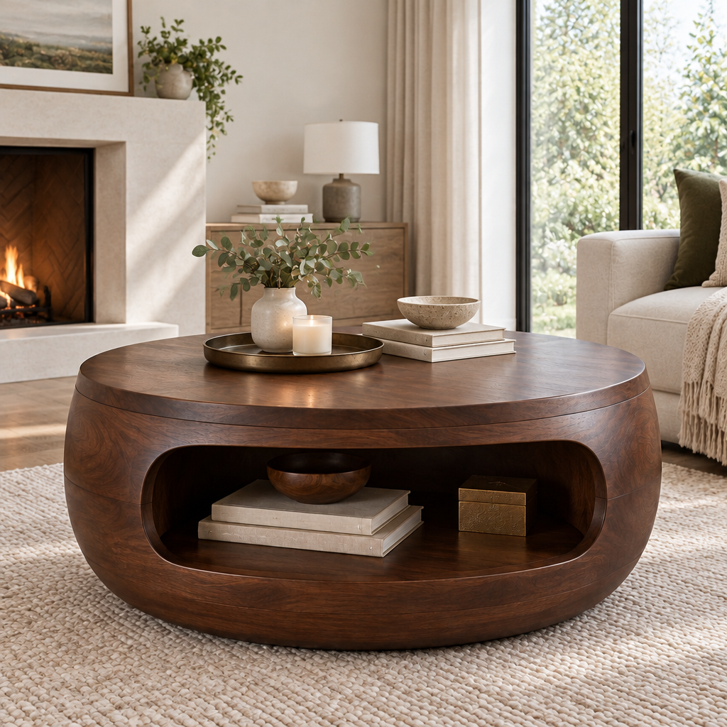 Atelier Drum Round Coffee Table with Shelf in a living space