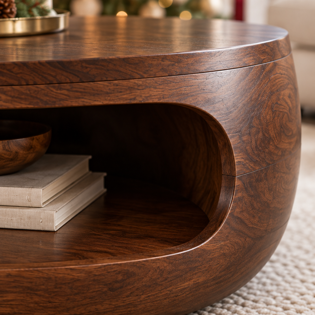 Atelier Drum Round Coffee Table with Shelf wood grain close-up