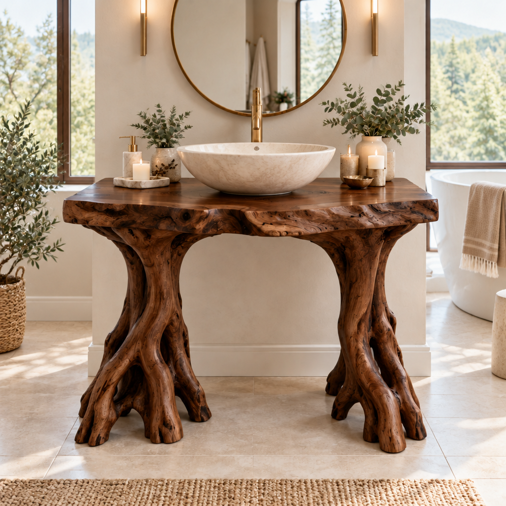 Riverbend Live-Edge Root-Leg Vanity in Dark Walnut Stain finish