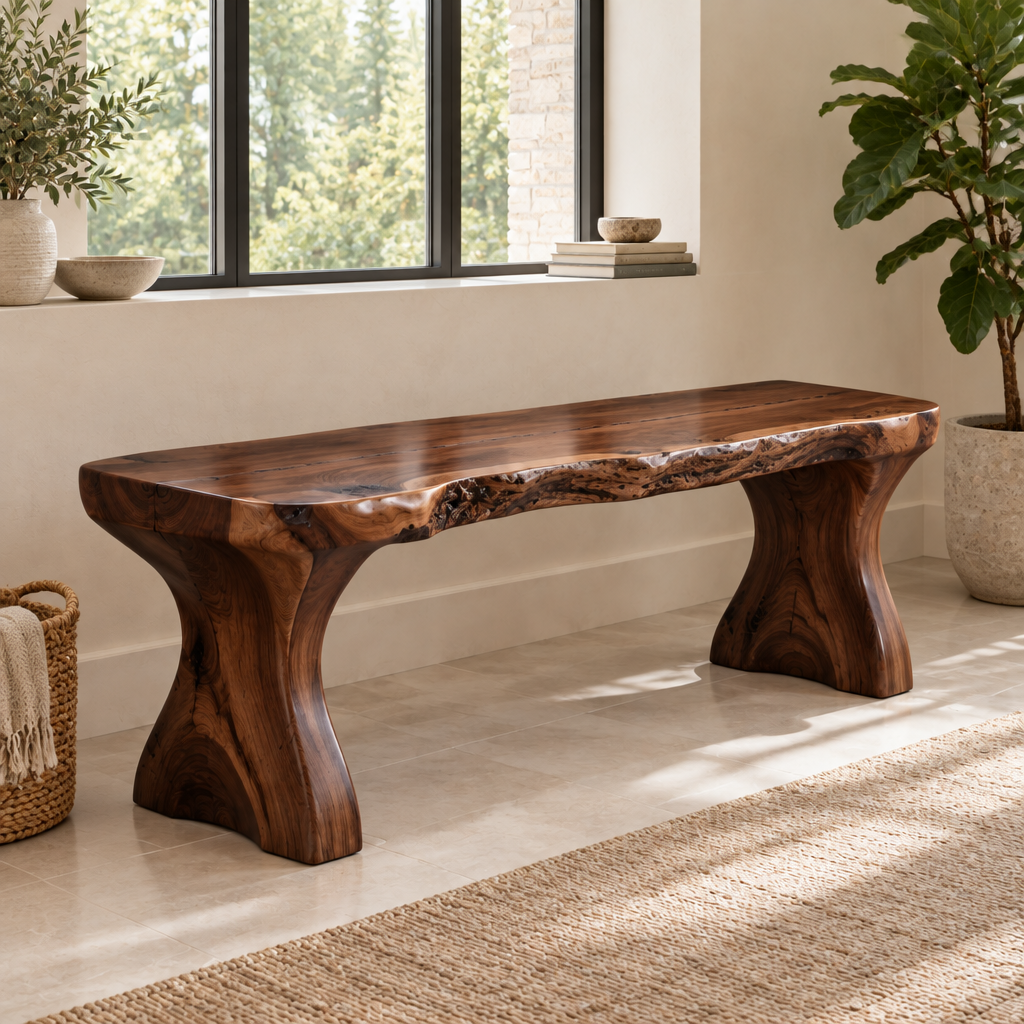 Riverbend Live-Edge Sculpted Bench in Dark Walnut Stain finish
