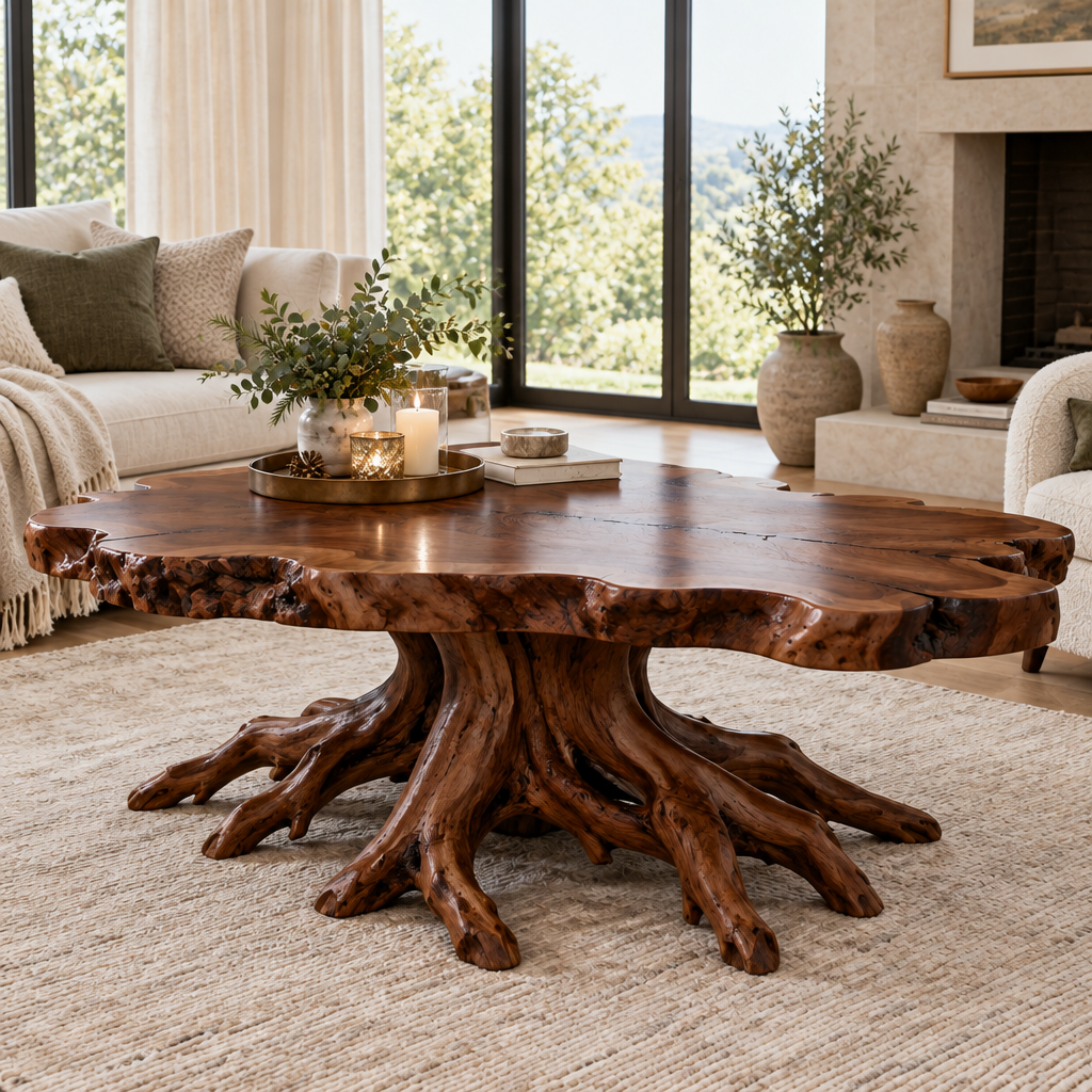 Riverbend Live-Edge Root-Base Coffee Table in Dark Walnut Stain finish
