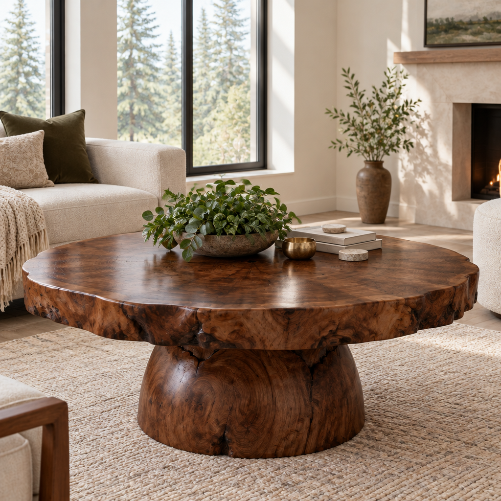 Riverbend Live-Edge Round Slab Coffee Table in Dark Walnut Stain finish