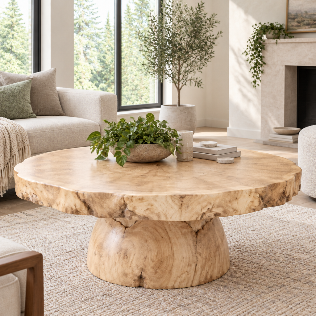 Riverbend Live-Edge Round Slab Coffee Table in Light Natural finish