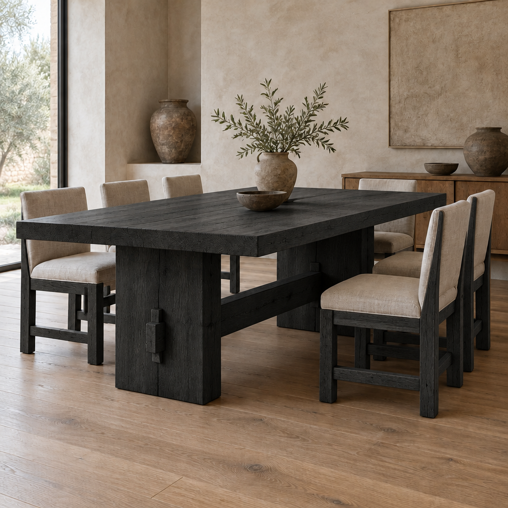 Basalt Solid Oak Trestle Dining Table in Ebonized Oak finish
