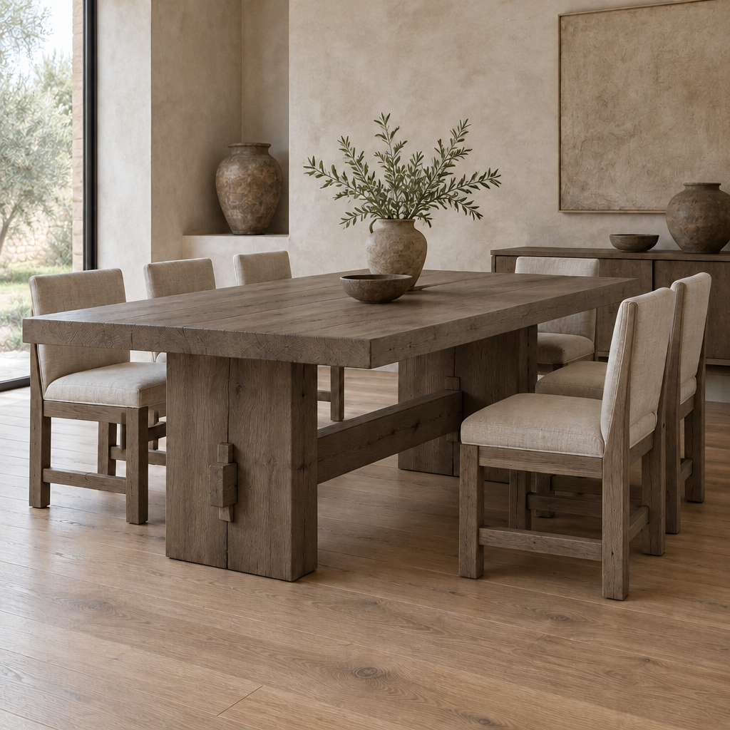 Basalt Solid Oak Trestle Dining Table in Smoked Oak finish