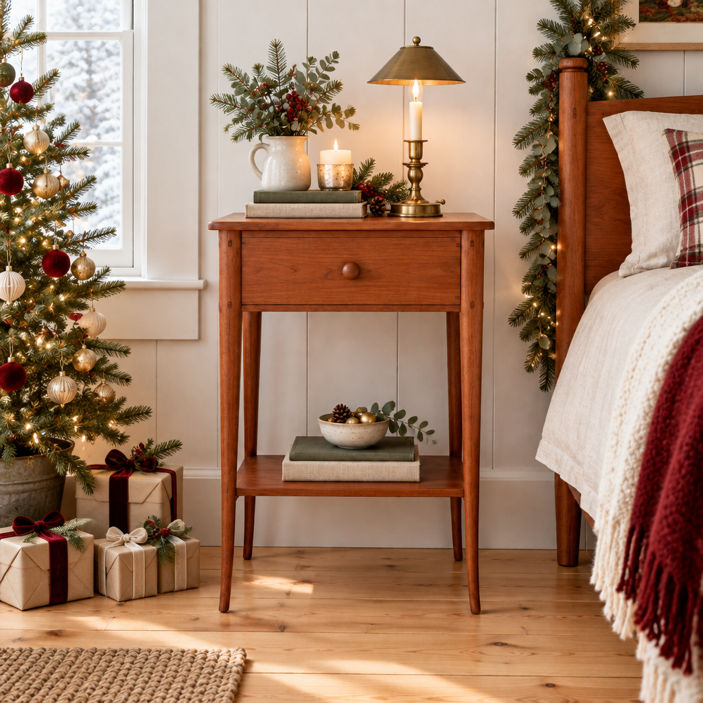 Linden Shaker Nightstand styled for the holidays