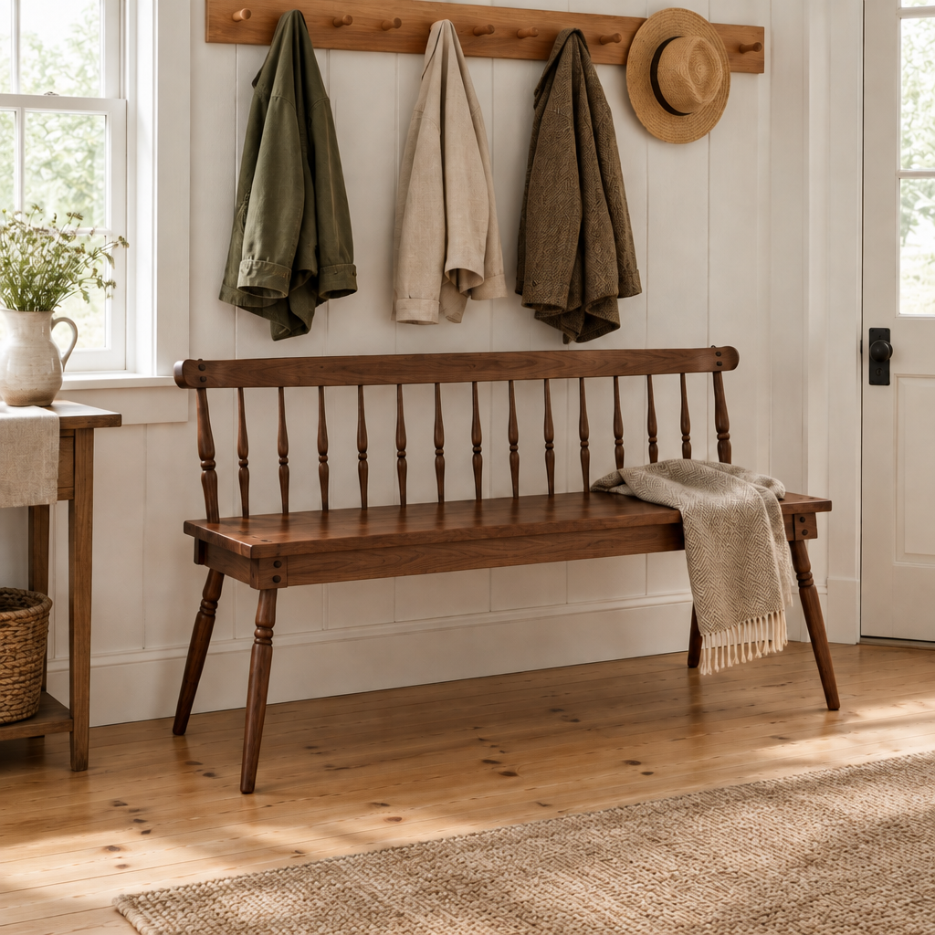 Linden Spindle Entry Bench in Walnut finish