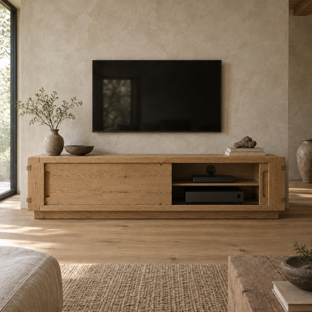 Basalt Solid Oak Media Cabinet in use