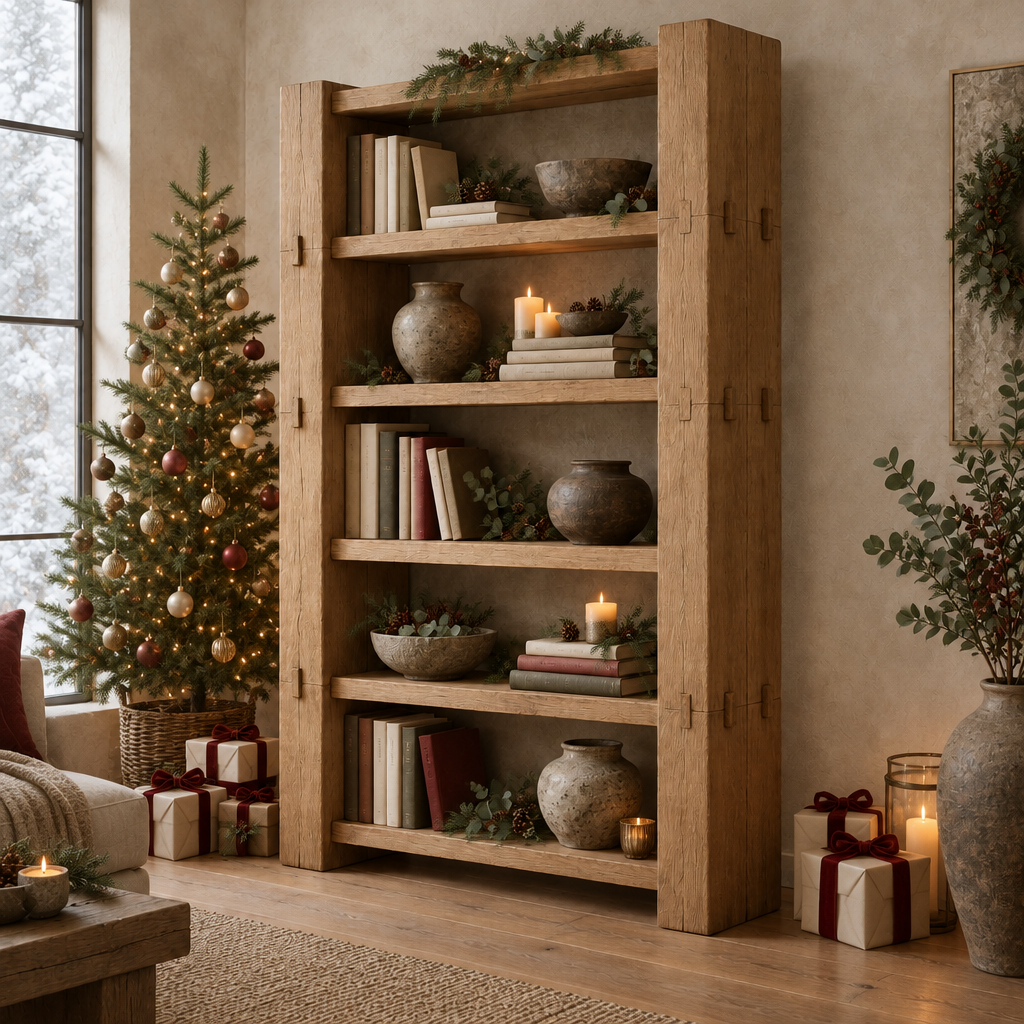 Basalt Open Bookcase styled for the holidays