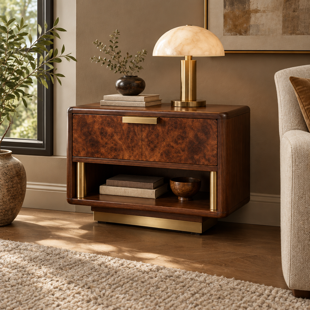 Sable Burl Nightstand side view