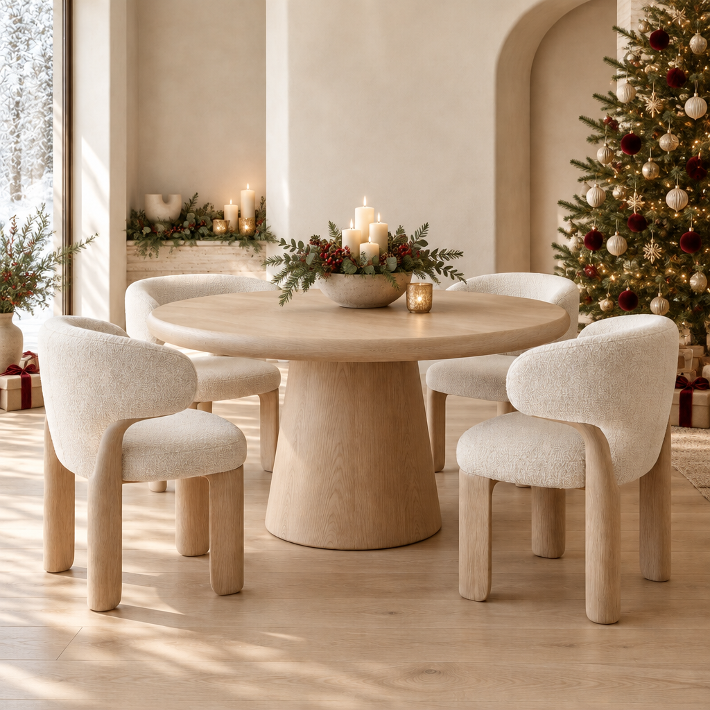 Cove Round Pedestal Dining Table styled for the holidays