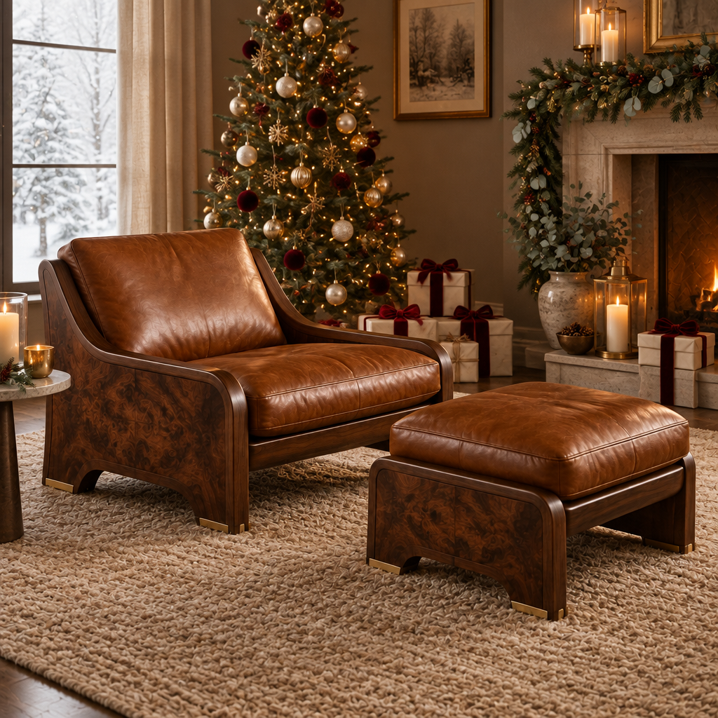 Sable Walnut Leather Lounge Chair styled for the holidays