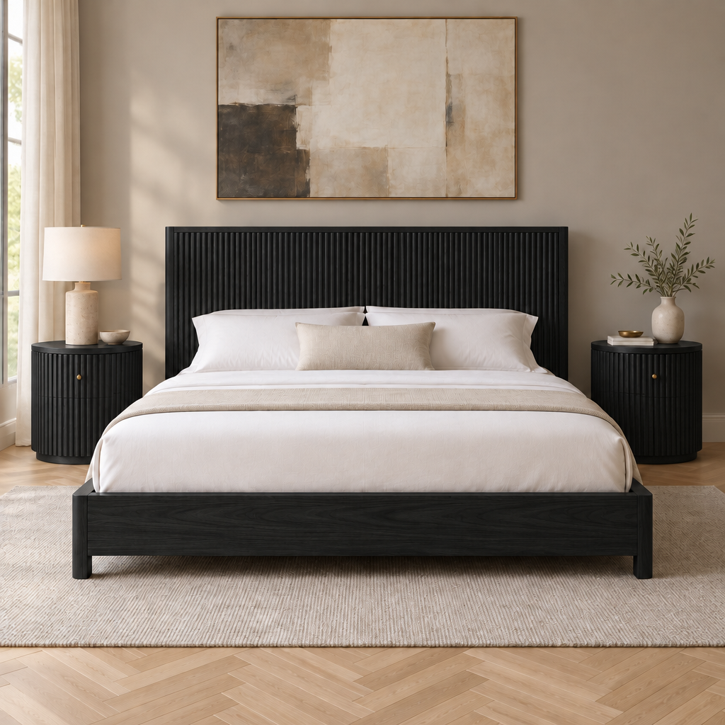 Arden Fluted Headboard Bed in Ebonized Black finish