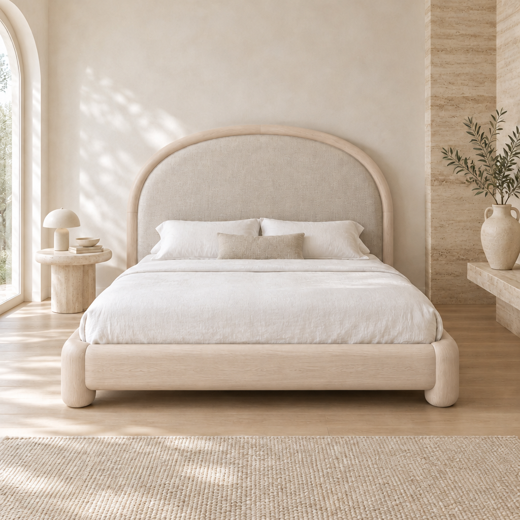 Cove Arched Upholstered Bed in Bleached Oak finish