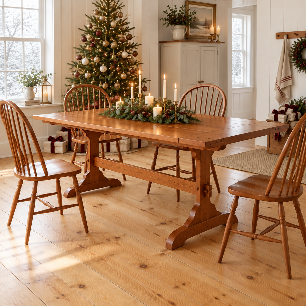 Linden Shaker Trestle Dining Table styled for the holidays