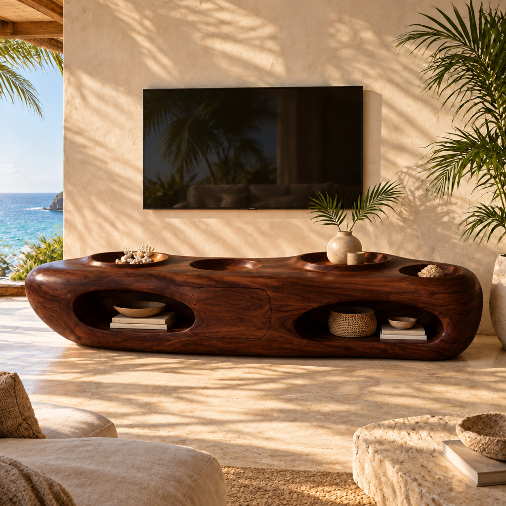 Solana Tide-Pool Media Console in Dark Teak finish