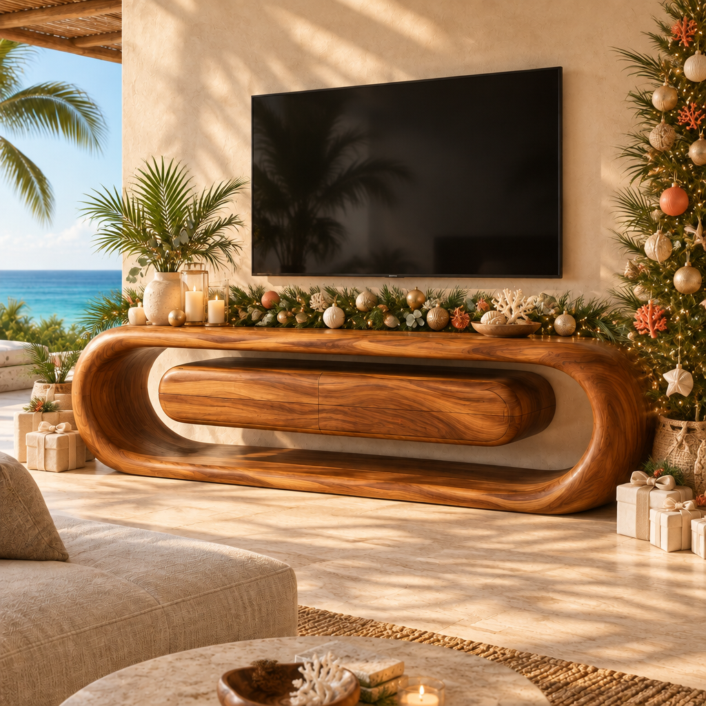 Solana Ribbon Loop Media Console styled for the holidays