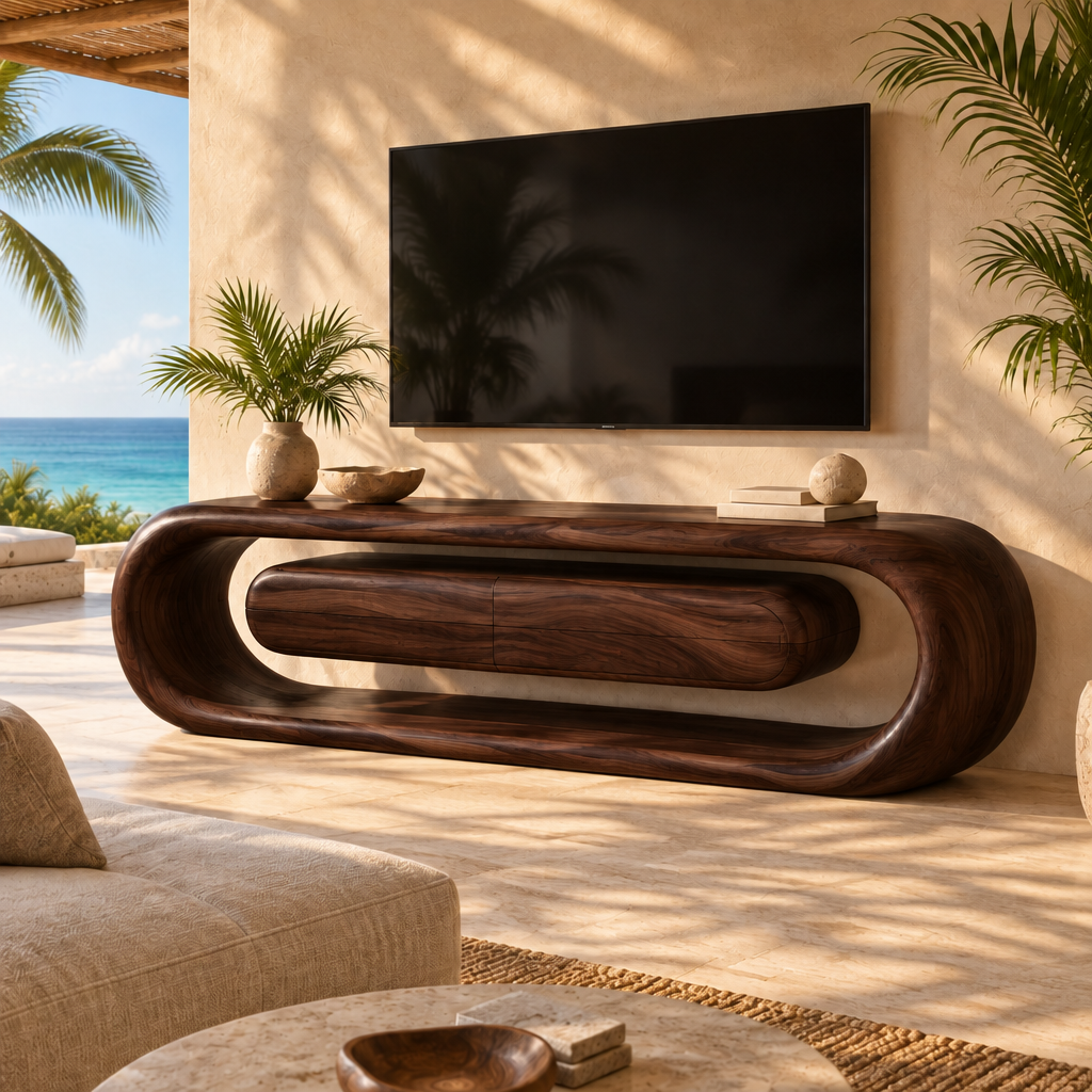Solana Ribbon Loop Media Console in Dark Teak finish