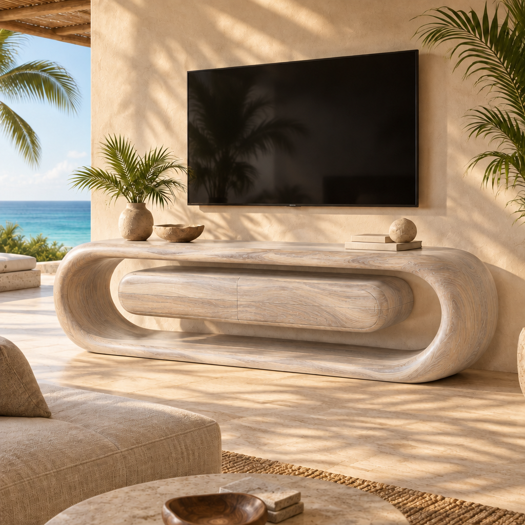 Solana Ribbon Loop Media Console in Whitewashed Teak finish