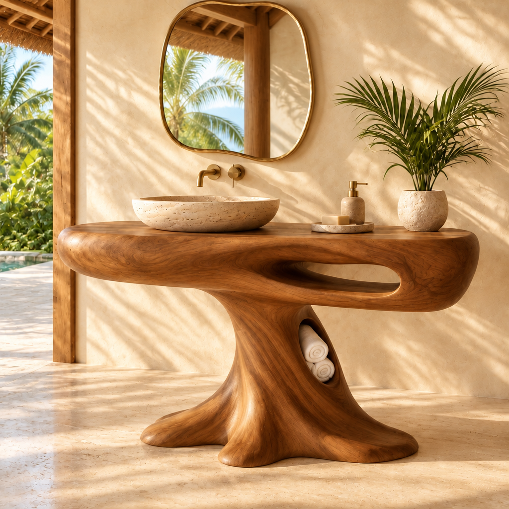 Solana Palm-Root Pedestal Vanity in use
