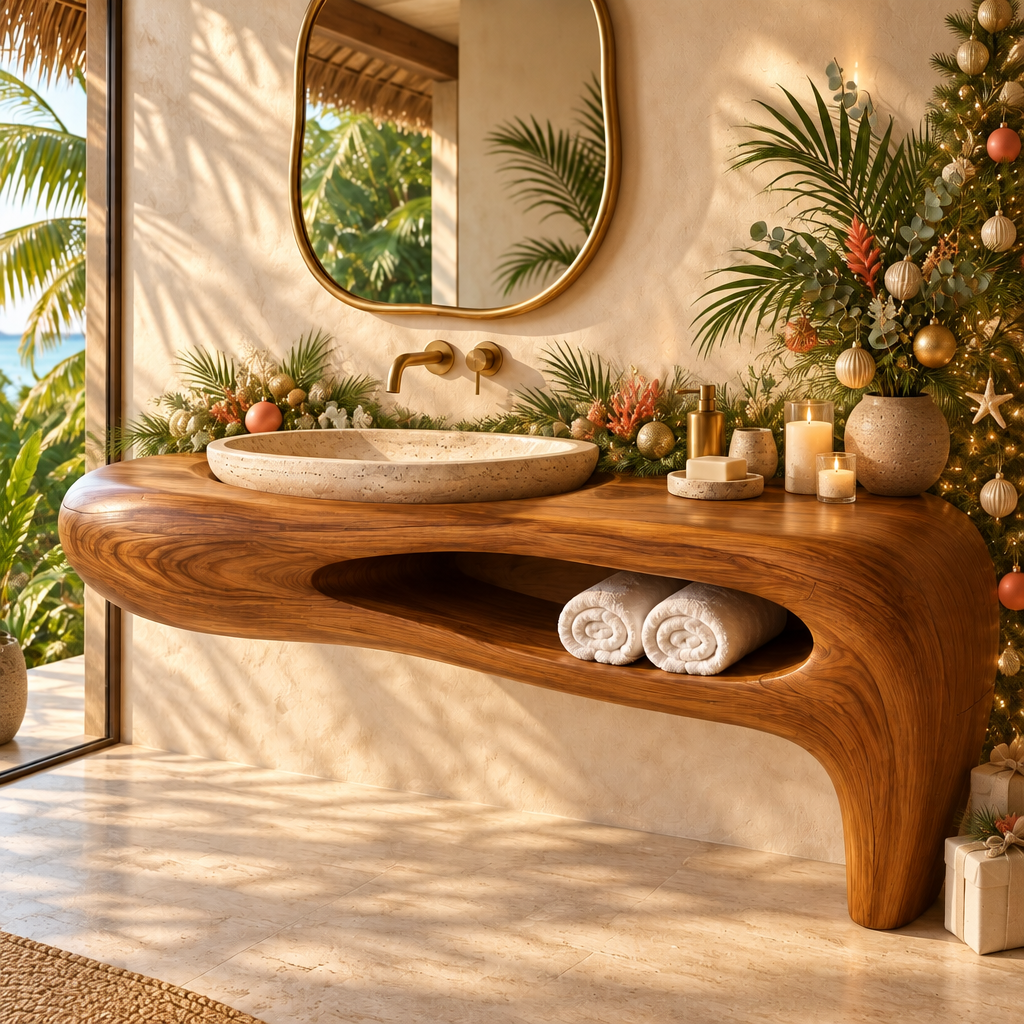 Solana Tide-Pool Integrated Basin Vanity styled for the holidays