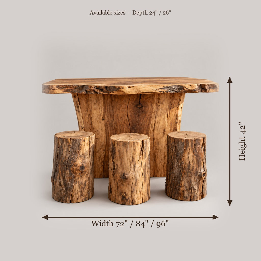 Tidewood Live-Edge Bar Counter with Stump Stools size chart