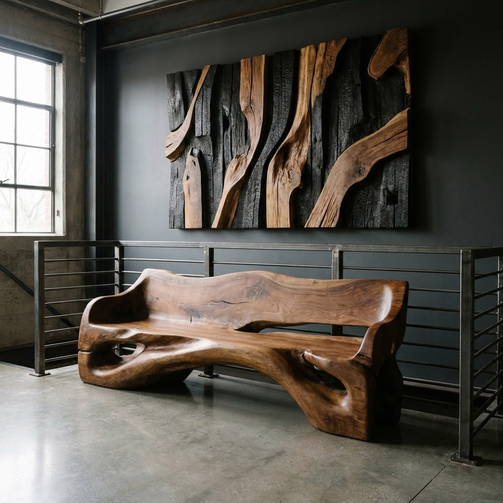 Hand-carved wood bench and wall sculpture