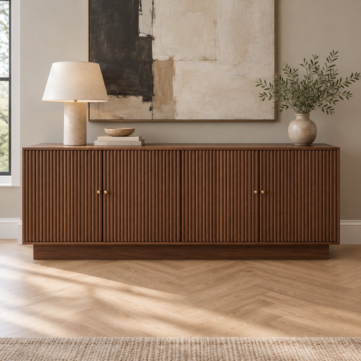 Fluted solid walnut sideboard in an elegant living room